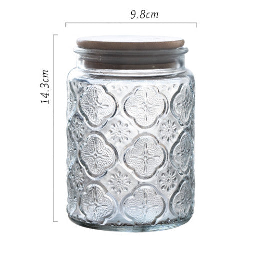 Carved Relief Glass Storage Jar with Wooden Lid – Clear Patterned Jar-NIMSY