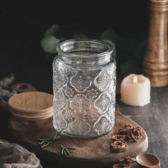 Carved Relief Glass Storage Jar with Wooden Lid – Clear Patterned Jar-NIMSY