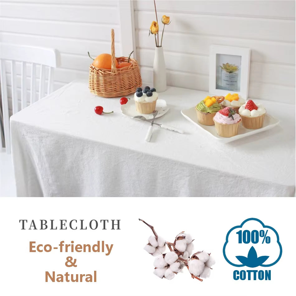 White Cotton Tablecloth with Ruffle Edges – Rectangular Washable Table Cover – 140cm Width-NIMSY