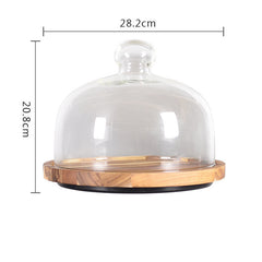 Nordic Style Wooden Cake Plate with Glass Cover – Round Dessert Serving Tray-NIMSY
