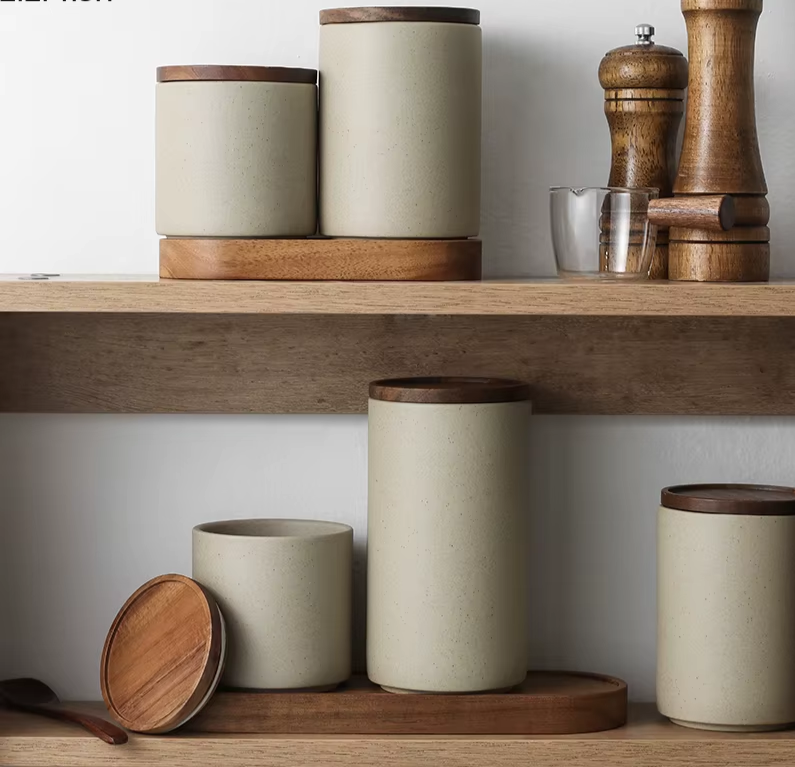 Retro Ceramic Storage Jar with Wooden Lid – Tea & Coffee Storage Container-NIMSY