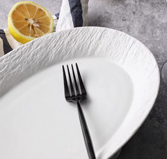 White Ceramic Fish Plate – Rock Texture Oval Dinner Plate-NIMSY