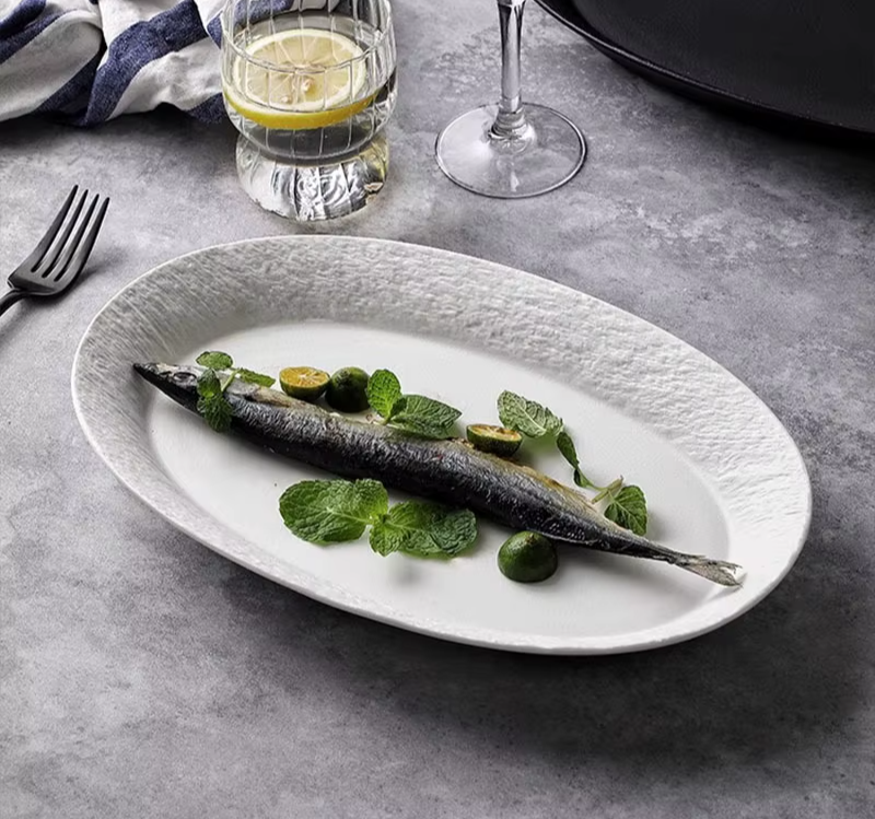White Ceramic Fish Plate – Rock Texture Oval Dinner Plate-NIMSY