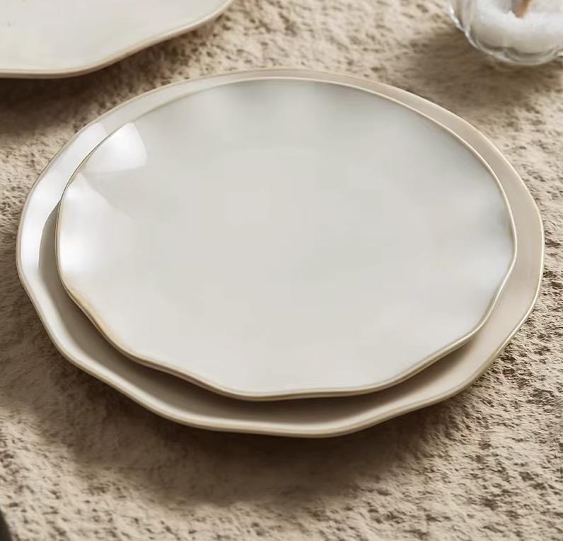 Beige Irregular Ceramic Steak Plate – Textured Dinner Plate-NIMSY