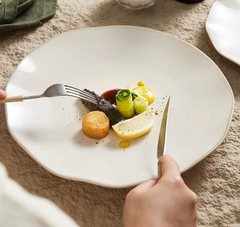 Beige Irregular Ceramic Steak Plate – Textured Dinner Plate-NIMSY