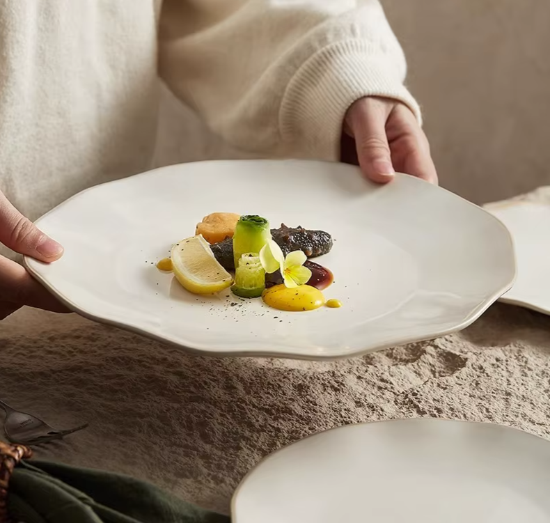 Beige Irregular Ceramic Steak Plate – Textured Dinner Plate-NIMSY