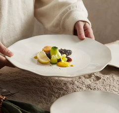 Beige Irregular Ceramic Steak Plate – Textured Dinner Plate-NIMSY