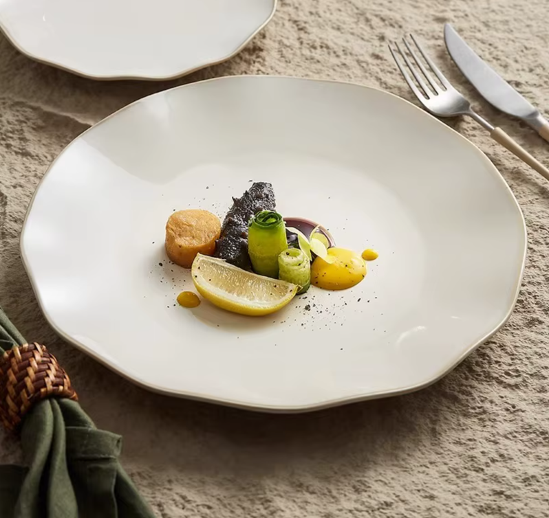 Beige Irregular Ceramic Steak Plate – Textured Dinner Plate-NIMSY