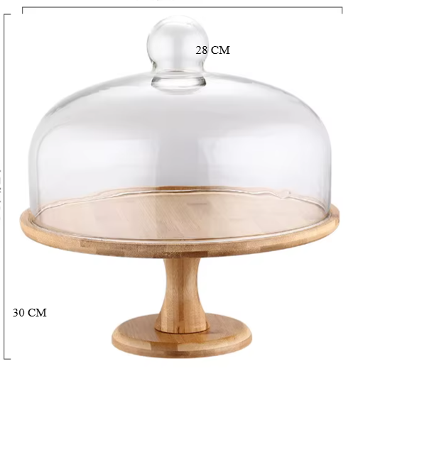 Wooden Cake Stand High Foot Cake Plate with Glass Cover