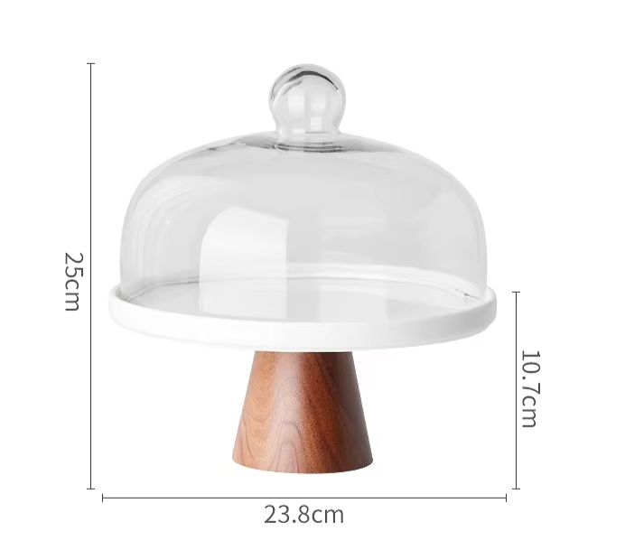 Acacia Wood Ceramic Cake Stand with Glass Cover