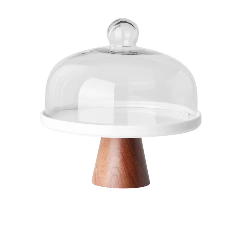 Acacia Wood Ceramic Cake Stand with Glass Cover-NIMSY