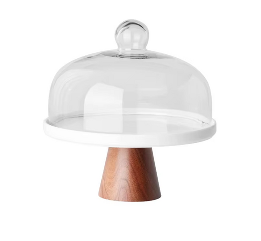 Acacia Wood Ceramic Cake Stand with Glass Cover-NIMSY