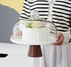 Acacia Wood Ceramic Cake Stand with Glass Cover-NIMSY