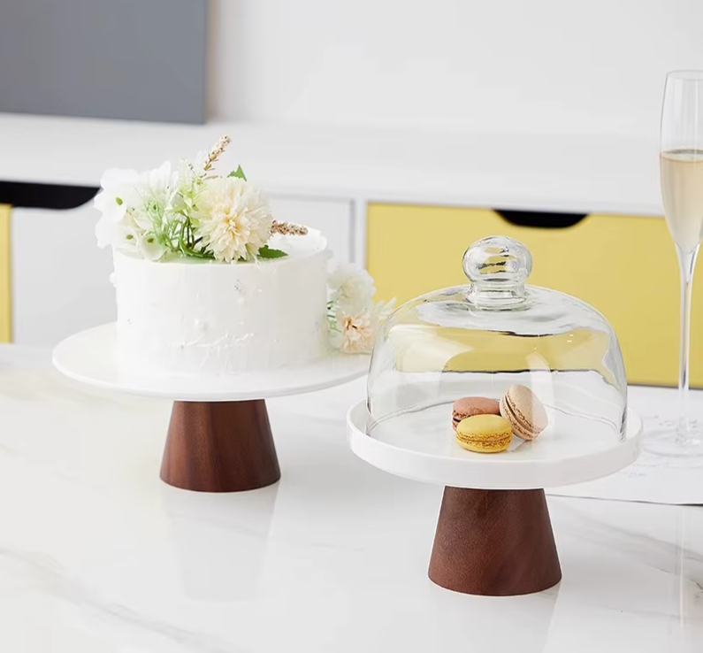 Acacia Wood Ceramic Cake Stand with Glass Cover