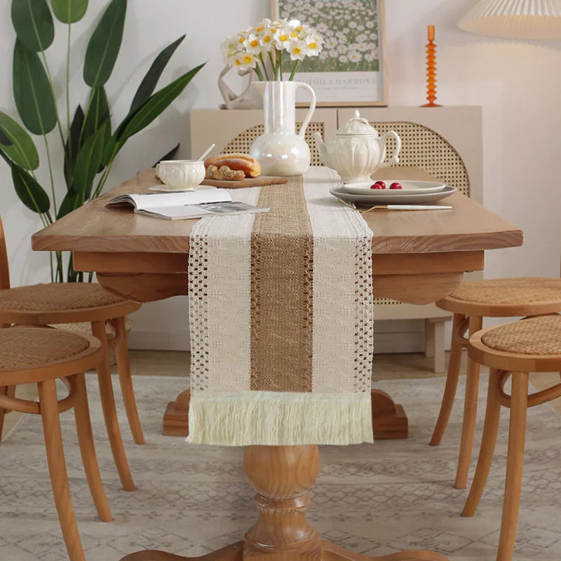 Boho Macrame Table Runner with Tassels – Cotton Linen Bicolor Design – 30x180cm-NIMSY