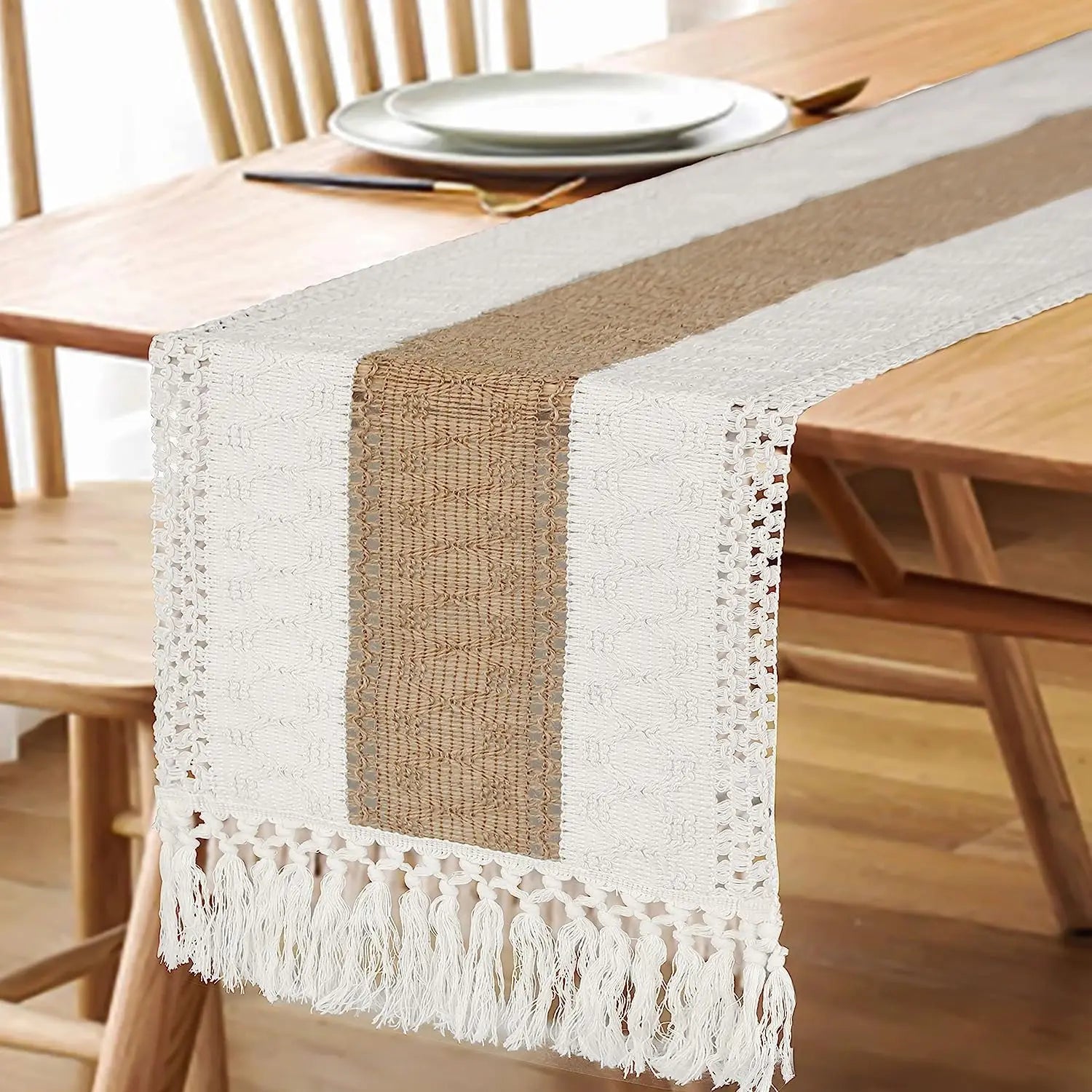 Boho Macrame Table Runner with Tassels – Cotton Linen Bicolor Design – 30x180cm-NIMSY