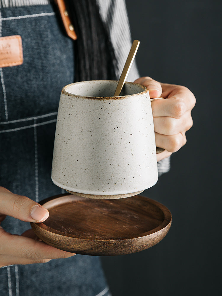 Japanese Style Ceramic Mug Set – Warm White – 4 Cups, 4 Spoons & Wooden Holder-NIMSY
