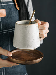 Japanese Style Ceramic Mug Set – Warm White – 4 Cups, 4 Spoons & Wooden Holder-NIMSY