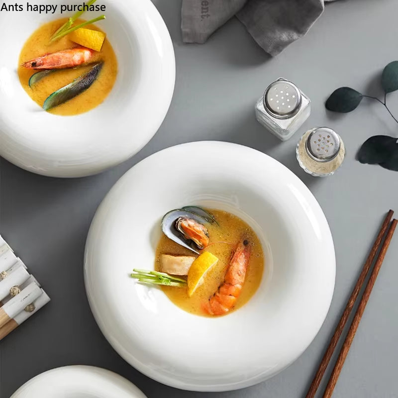 Elegant White Ceramic Tableware Set - Salad, Dessert, and Snack Plates for Home Decor and Kitchen Use - Porcelain Cake Plates