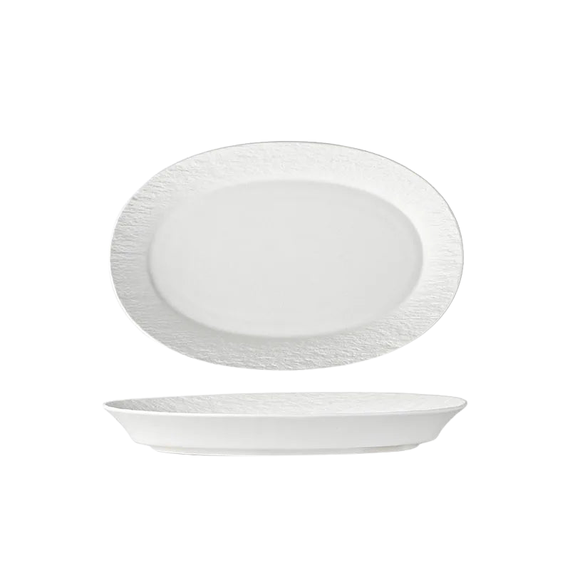 White Ceramic Fish Plate – Rock Texture Oval Dinner Plate-NIMSY