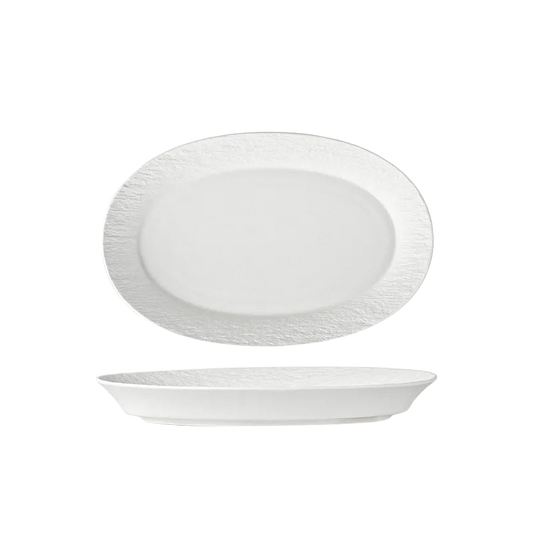 White Ceramic Fish Plate – Rock Texture Oval Dinner Plate-NIMSY