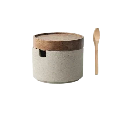 Ceramic Seasoning Jar with Wooden Lid – Retro Kitchen Storage Jar with Spoon – Beige-NIMSY