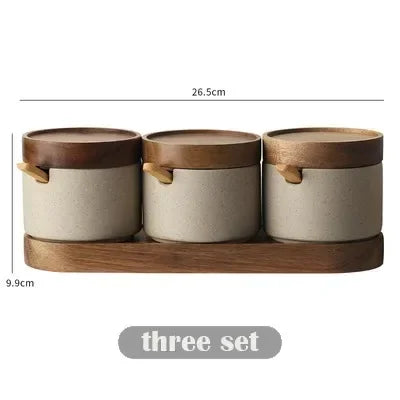 Ceramic Seasoning Jar with Wooden Lid – Retro Kitchen Storage Jar with Spoon – Beige-NIMSY