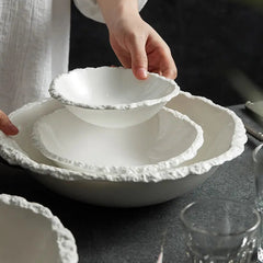 White Ceramic Salad Bowl – Textured Rim Serving Bowl-NIMSY