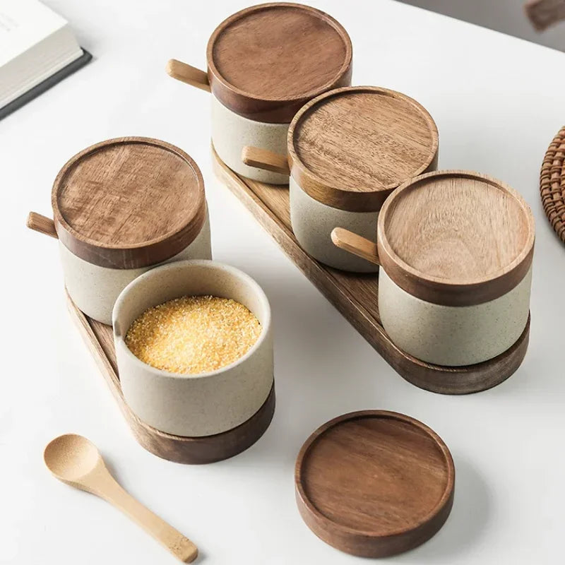 Ceramic Seasoning Jar with Wooden Lid – Retro Kitchen Storage Jar with Spoon – Beige-NIMSY
