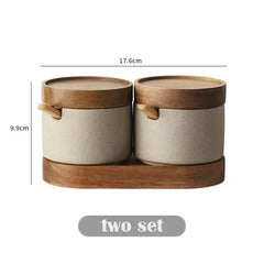 Ceramic Retro Seasoning Jar with Wooden Lid - Round Storage Container for Salt and Pepper