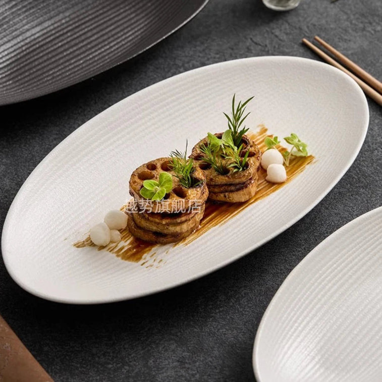 Matte Striped Ceramic Oval Fish Plate – White Serving Plate-NIMSY