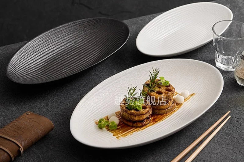 Matte Striped Ceramic Plate Oval Fish Plate