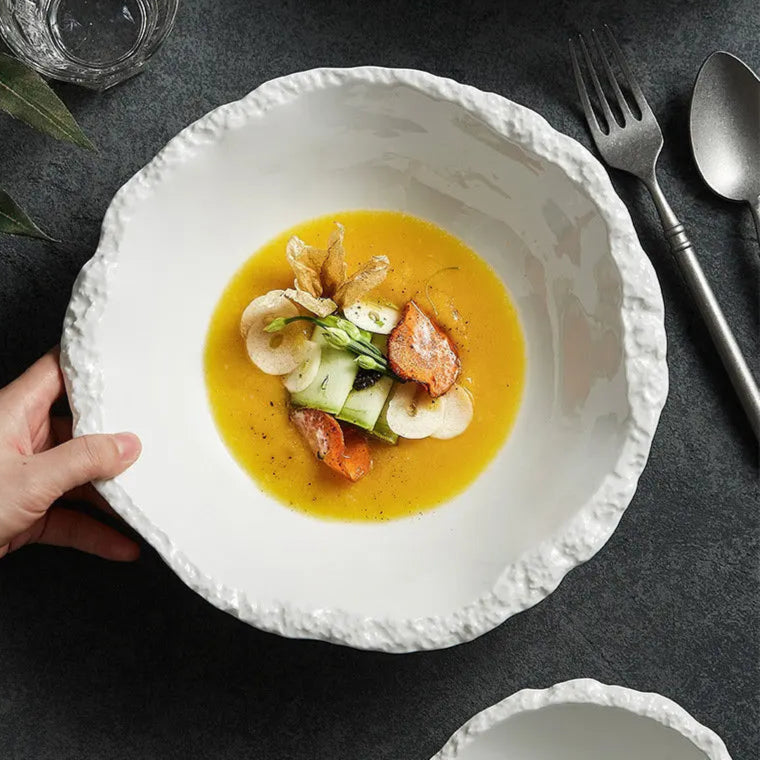 White Ceramic Salad Bowl – Textured Rim Serving Bowl-NIMSY