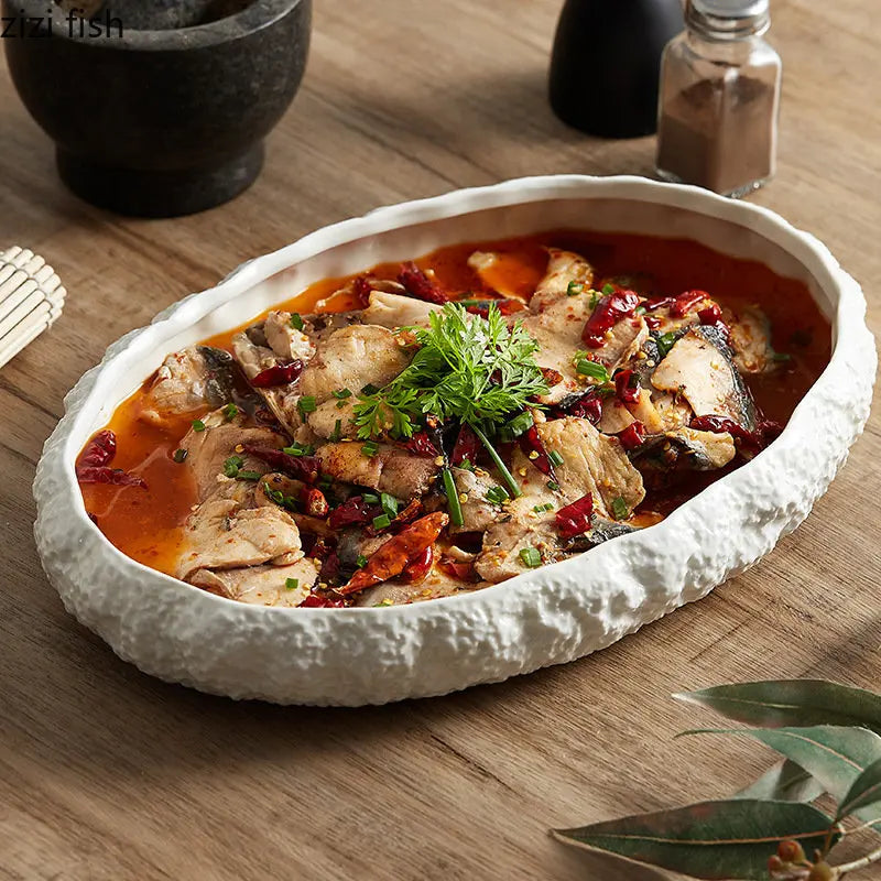 Rock Texture Ceramic Main Dish Plate – Oval Serving Plate-NIMSY