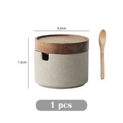 Ceramic Seasoning Jar with Wooden Lid – Retro Kitchen Storage Jar with Spoon – Beige-NIMSY