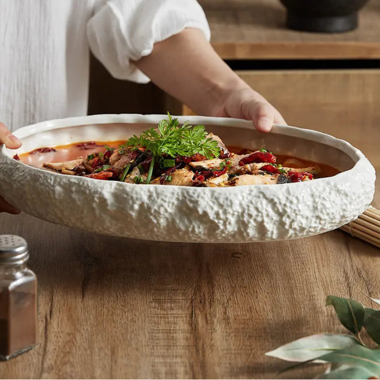 Rock Texture Ceramic Main Dish Plate – Oval Serving Plate-NIMSY