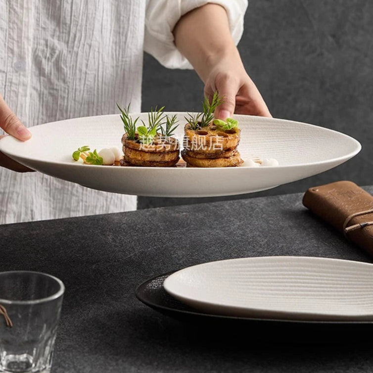 Matte Striped Ceramic Plate Oval Fish Plate