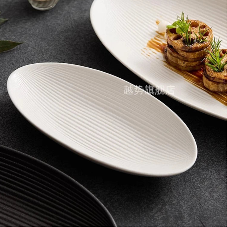 Matte Striped Ceramic Oval Fish Plate – White Serving Plate-NIMSY