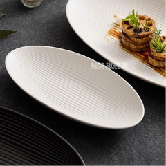 Matte Striped Ceramic Oval Fish Plate – White Serving Plate-NIMSY