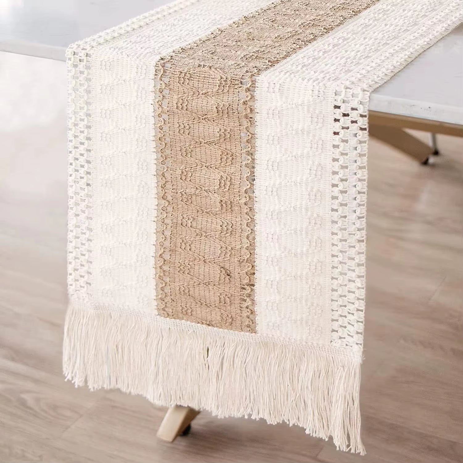 Boho Macrame Table Runner with Tassels – Cotton Linen Bicolor Design – 30x180cm-NIMSY