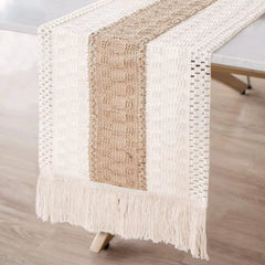 Boho Macrame Table Runner with Tassels – Cotton Linen Bicolor Design – 30x180cm-NIMSY