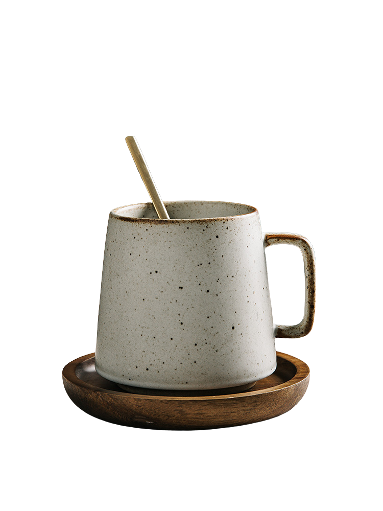 Japanese Style Ceramic Mug Set – Warm White – 4 Cups, 4 Spoons & Wooden Holder-NIMSY
