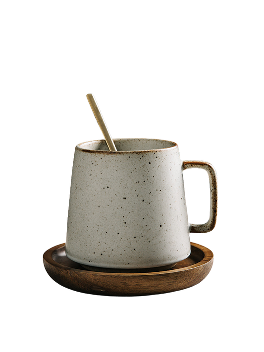 Japanese Style Ceramic Mug Set – Warm White – 4 Cups, 4 Spoons & Wooden Holder-NIMSY
