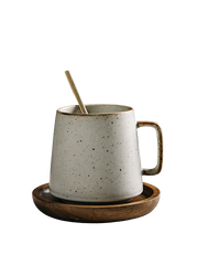 Japanese Style Ceramic Mug Set – Warm White – 4 Cups, 4 Spoons & Wooden Holder-NIMSY