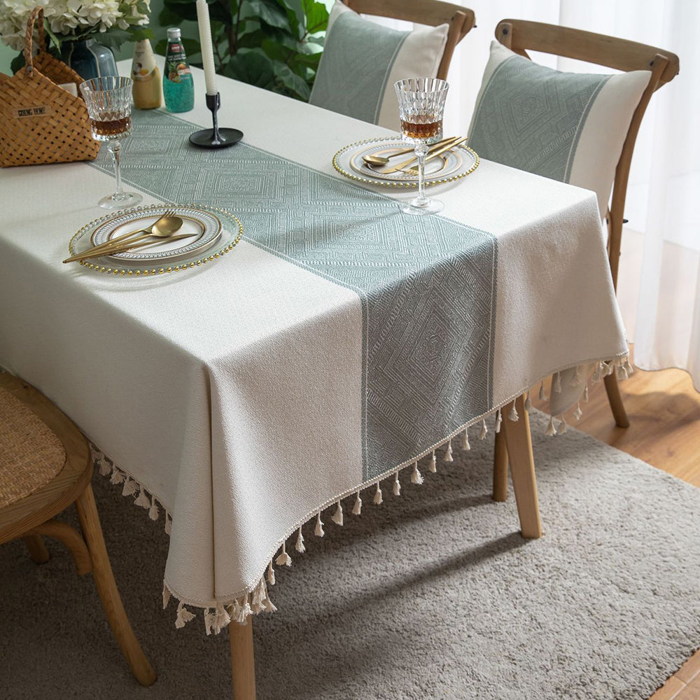 Green Cotton Linen Tablecloth with Tassels – Rectangular Table Cover-NIMSY