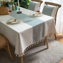 Green Cotton Linen Tablecloth with Tassels – Rectangular Table Cover-NIMSY