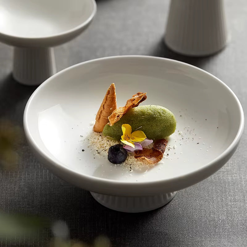 White Ceramic Pedestal Serving Dish – Round Fruit & Snack Plate-NIMSY