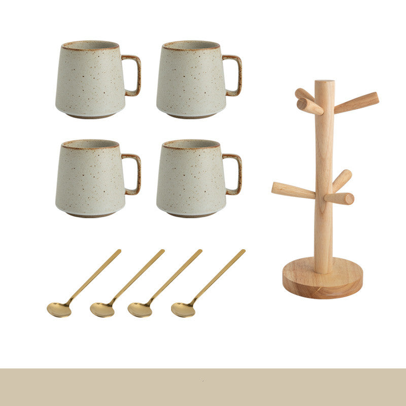 Japanese Style Ceramic Mug Set – Warm White – 4 Cups, 4 Spoons & Wooden Holder-NIMSY