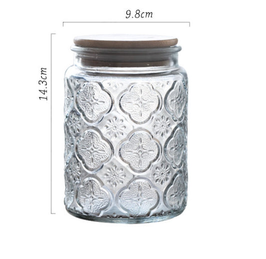 Carved Relief Glass Storage Jar with Wooden Lid – Clear Patterned Jar-NIMSY