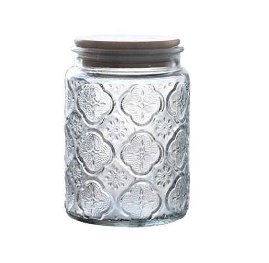 Carved Relief Glass Storage Jar with Wooden Lid – Clear Patterned Jar-NIMSY